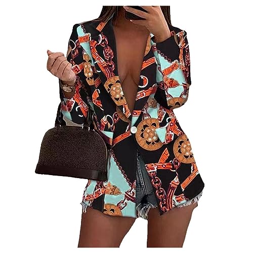 Blazer femme retro fluide veste mi-longue graphique imprimé anti-pli bouton