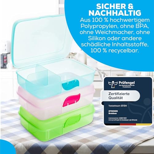 Foto von Brotdose Kinder mit Fächern, Brotdosen 3 Stück, Lunchbox Kinder ohne BPA, Frühstücksbox Brotzeitbox, Lunchboxen mit 3 Trennfächern + Clickverschluss, 100% Recyclebar, Grün, Blau, Rosa, Model:Ane