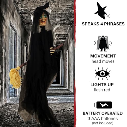 Haunted Hill Farm Witch on Broom Animatronic, Halloween Prop with 4 Voice Greetings, Animated Head, Flashing Red Eyes, Touch Activated and Battery Operated Decoration