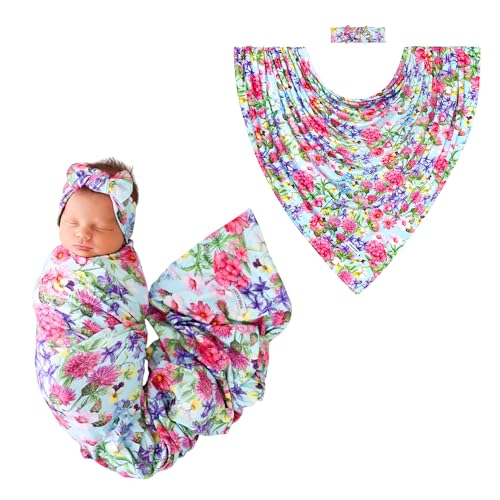 Image of Posh Peanut Soft Baby Swaddle & Headband Set - Viscose from Bamboo Newborn Wrap Receiving Blanket, Nursing or Stroller Cover (Hadley