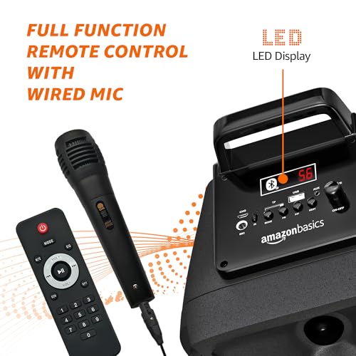 Image of AmazonBasics Party Speaker - Wireless PA Speaker with Lights, Radio, Bass Boost, Mic Input and USB Charging