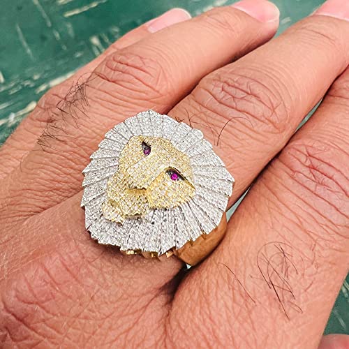 Tgdj 10K Yellow Gold Round Cut Diamond Red Eye Lion Face Mens Ring | Real Gold White Diamond Men’s Finger Rings 0.61 Ct (9.49 Gram) | Custom Jewelry Gift For Him #TOP1
