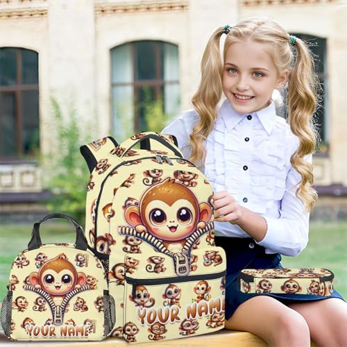 Personalized Monkey Backpack with Lunch Box, 3PCS Girls School Backpacks Matching Combo for Kindergarten, Cute Bookbag and Pencil Pouch Bundle2