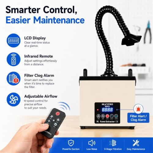 Image of MN01 Solder Fume Extractor, 105W 155 CFM LED Remote Filter Alert | Fume extractor soldering, nail tech and laser cutter smoke, 3-layer filter captures 99.97% particles, LED alert, remote