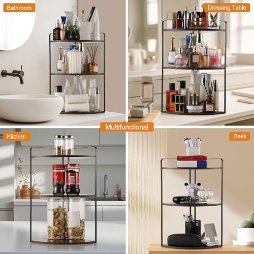 Image of 3 Tier Corner Bathroom Counter Organizer, Countertop Organizer, Makeup Organizer Countertop, Bathroom Storage Sink Shelf, Wooden and Metal Counter Shelf (Gray Brown)