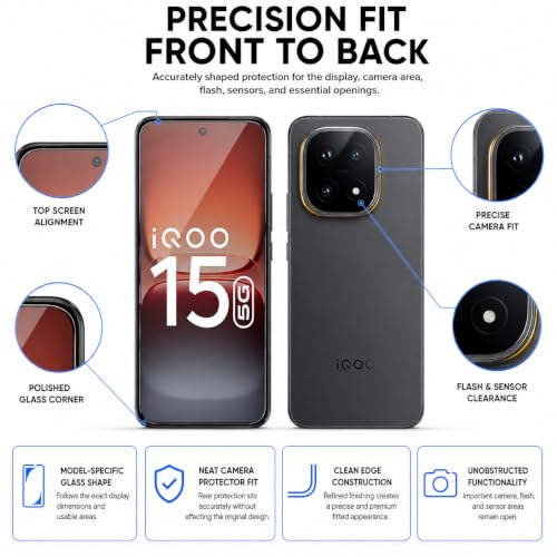 Image of FIRST MART Tempered Glass & Camera Lens for IQOO 15 With Edge to Edge Coverage, Case Friendly, Camera Metal Alloy Rings & Easy Installation Kit | Black, Ultrasonic Fingerprint Working
