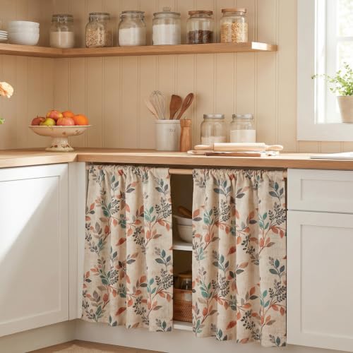 Image of MYSKY HOME Linen Kitchen Tier Cafe Patterned Curtains 24 Inch Length 2 Panels Farmhouse Semi Sheer Privacy Small Window Treatments Rod Pocket for Bathroom Basement, Burnt Orange, 30 inch Each Panel