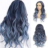 Wiwige Long Curly Wavy Ombre Blue Wigs for Women Synthetic Natural Middle Part Daily Party Halloween Cosplay Wig 22'