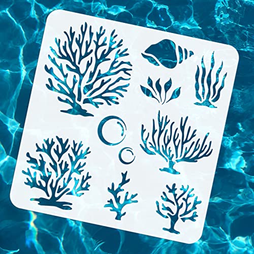 FINGERINSPIRE Sea Coral Wall Stencil 30x30cm Reusable Seaweed Corals Conch Bubble Painting Template DIY Art Summer Themed Sea Life Stencil for Painting on Wall Wood Scrapbooking - Image 3