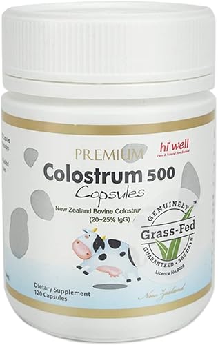Hi Well Premium 100% puro calostro bovino alimentado con pasto de Nueva Zelanda 500 120 cápsulas