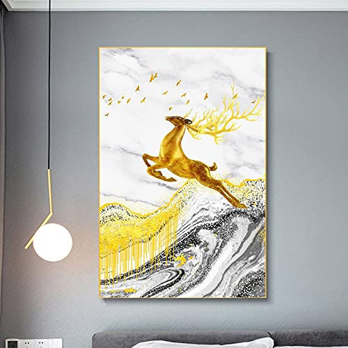 Peinture abstraite cerf blanc et or 70x100 cm sans cadre pour salon