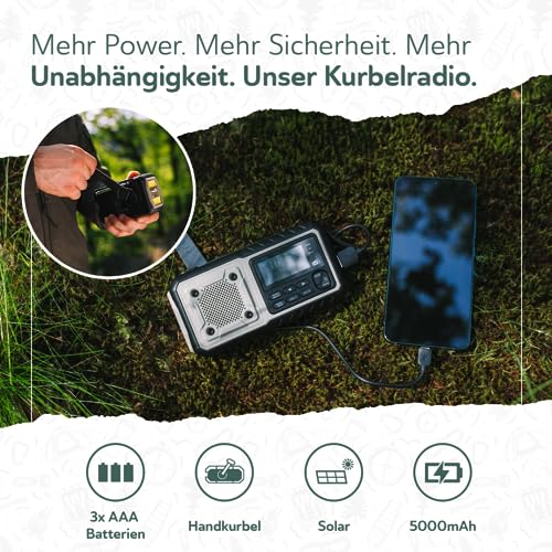 Acta Berg Kurbelradio DAB+/UKW | Notfallradio mit Kurbel & 5000 mAh Akku | Solar Radio mit Wecker | Handkurbel Blackout Notfallausrüstung | Als Taschenlampe & Ladegerät | SOS