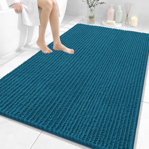 Image of OLANLY Bathroom Rug Mat 59x35, Thick Soft and Absorbent Chenille Bath Mat, Non-Slip Rubber Backing, Machine Washable Quick Dry Bath Rugs for Tub Shower Floor, Home Decor Accessories, Peacock Blue