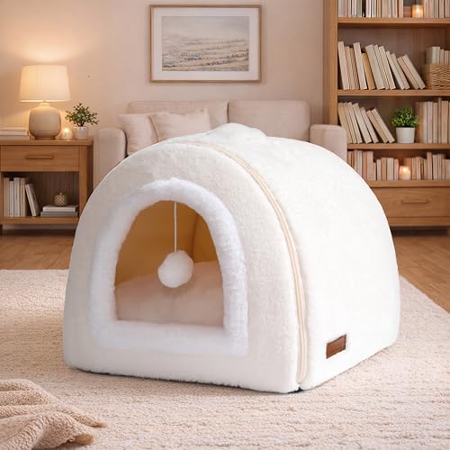 OMIVIER Cat Bed for Indoor Cats 2-in-1 Convertible Cat Bed & Cave Foldable Washable Cat House Soft and Thick Removable Inner pad Anti-Slip Bottom cat Tent for Kittens Cats & Small Dogs Cream