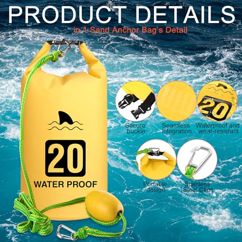 Locmeo 4 Set 2 in 1 Sand Anchor and Buoy Kit Floating Bag Kayak Anchor Waterproof Dry Bag for Lake Beach Boats Watercrafts Hiking Camping Water Sports Surfing Tubing Kayaking(Yellow)