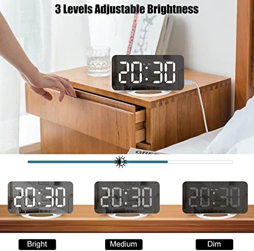Digital Clocks Bedside, LED Mirror Surface Alarm Clocks Bedside with Light Sensing Dimming Mode, 3 Levels Adjustable Brightness, Dual USB Ports, Snooze Function Portable Alarm Clock for Bedroom(White)