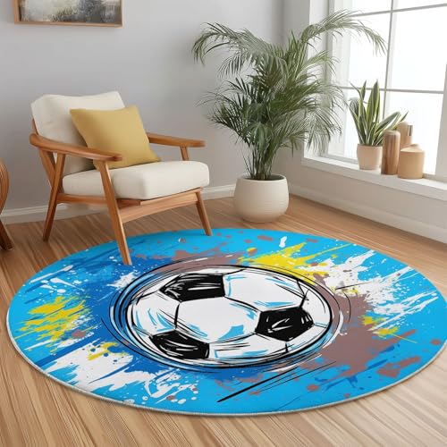Tapis rond football antidérapant et poils ras bleu et blanc pour déco thématique