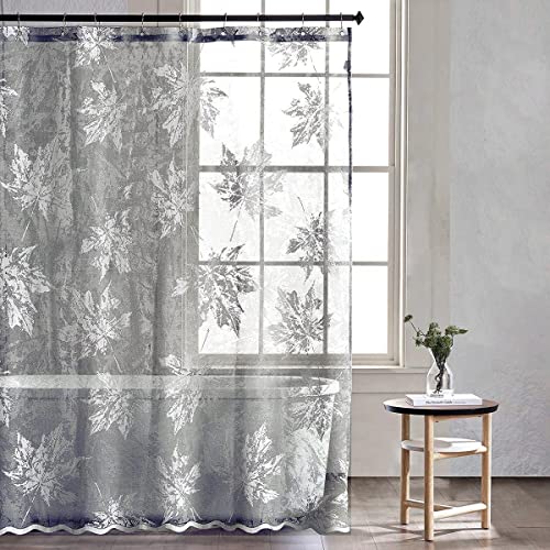 Tudeco Grey Sheer Shower Curtain For Bathroom - Jacquard Maple Leaf Grey Lace Shower Curtain, Vintage Semi Sheer Bath Curtain, Eyelet Lace Shower Curtain, 72 X 72 Inch, 1 Panel, Dark Silver Grey #TOP1