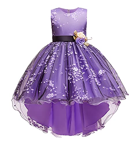 USEMPER Flower Girl Dresses for Wedding Girls Princess Gown Girl Fancy Dress Baptism Dresses for Baby Girls High Low Tulle with Train Size 5T 6T Years(Purple 120)