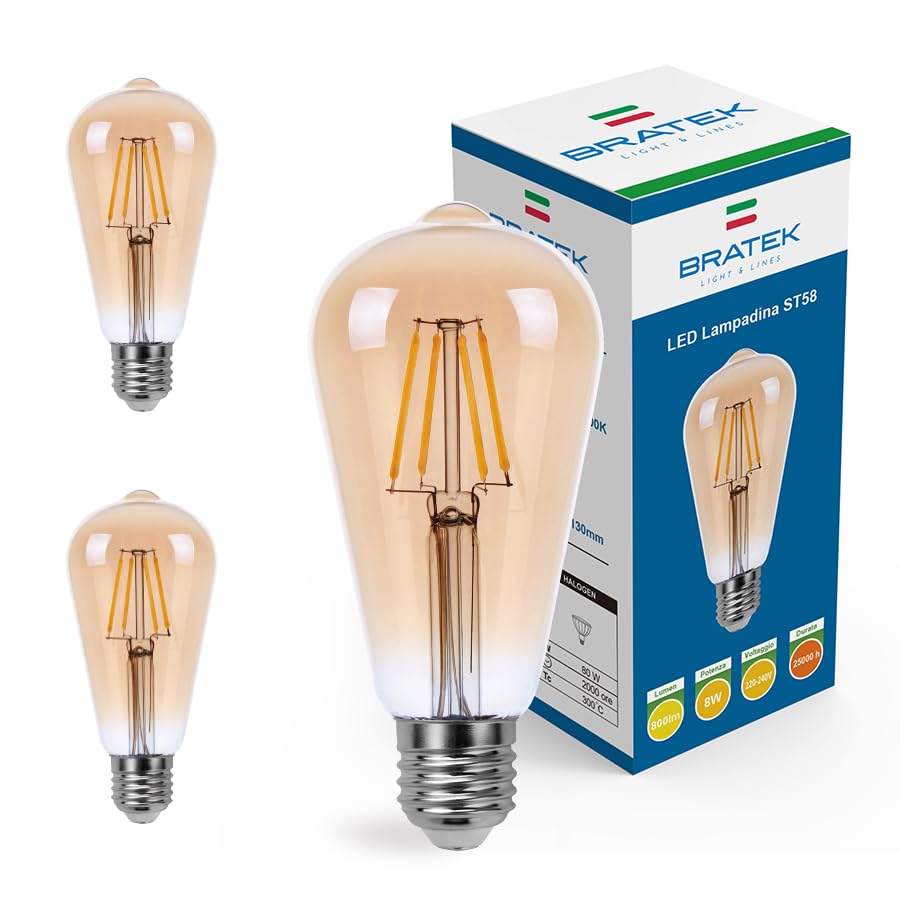 Bratek 2 Lampadine Vintage E27 Luce Calda 2700k Ambrata, 8w 800 Lumen - Lampadine Filamento Led E27 a Goccia Allungata ST 58 Trasparente Equivalente 90w a Incandescenza o 80w Alogena