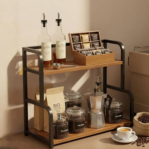 Image of ABJA Kitchen Countertop Organizer Corner Rack (Rustic Brown Arched, 2 Tier)