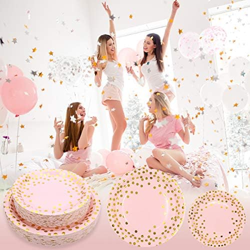24 Guests Pink and Gold Party Supplies Disposable Party Plates Tableware Napkins Cups Straws Table Cloth for Baby Shower Girl 1st 13th Birthday Party Engagement Bridal Shower Gold Pink Paper Plates
