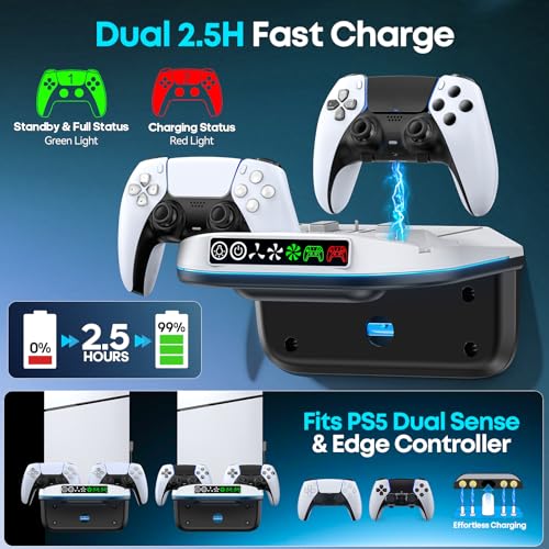 Image of PS5 Wall Mount Kit with Cooling Fan and Charging Station Compatible with PS5 / Slim /Pro Disc and Digital, PS Five Floating Shelf with 9 RGB Lights, PS 5 Mount Behind TV, Sony PSP Cables