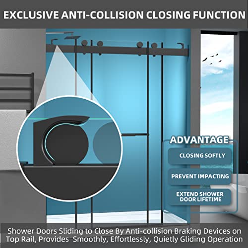 Getpro Shower Door 57-60" W X 79" H Frameless Glass Shower Door Double Sliding With Upgraded Soft Close Anti-Jumping System 3/8 Inch Tempered Glass Noiseless & Width Adjustable Matte Black #TOP4