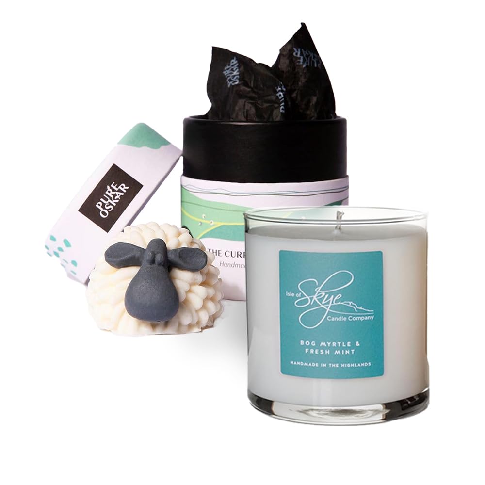 Exclusively Irish Gift Set with Curragh Sheep Handmade Soap Natural Moisturizing Gift-Boxed and Candle Bog Myrtle & Fresh Mint