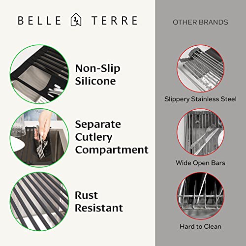 Belle Terre Roll Up Dish Drying Rack For Small Kitchen Sink - 17.5" X 12.8" - Silicone Roll-Up Dish Rack With Utensil Tray - Roll Out Dish Drying Rack Over Sink - Solid Steel Construction #TOP2