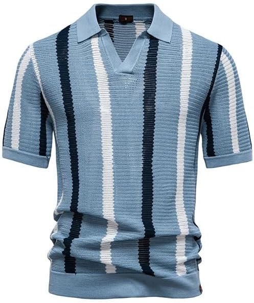 JSEIAJB Hollowed Out Men's Short Sleeve Knitted Sweater with Stripes Shirt Top