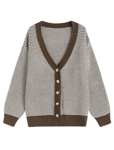 Image of ZAFUL Women's Striped Cardigan Button Up Open Front Knit Oversized Sweater | Button down, Soft chunky knit, Lightweight, Loose fit, Long lantern sleeve, Casual Daily Going Out, Fall Winter Outfits