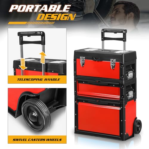 Image of Magshion Heavy-Duty Rolling Tool Box, 3-Tier Stackable Tool Chest System with Wheels & Drawers, Modular Organizer for Small Parts and Tools, Mobile Garage Workshop Storage in Black /Red