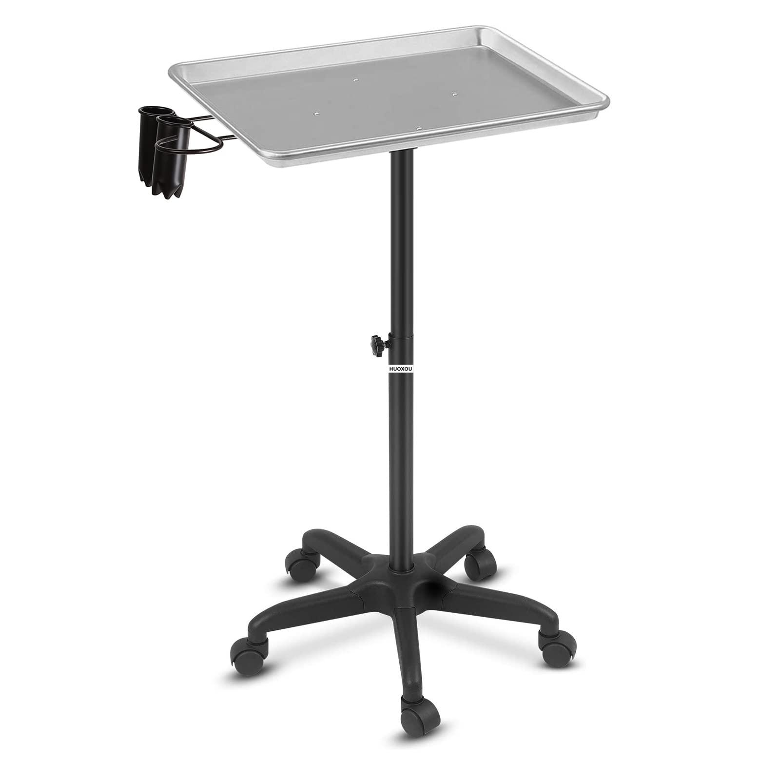 Salon Tray Cart, HUOXOU Rolling Salon Tray on Wheels, Premium Aluminum Hair Tattoo Instrument Rolling Salon Tray, Adjustable Height Mobile Spa Stools Service Storage Salon Tray Cart -Silver
