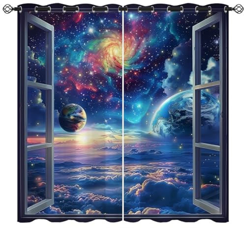 Space Galaxy Blackout Curtains for Girls Boys Kids Home Decor, Universe Nebula Galaxies Solar Planet Grommet Thermal Insulated Drapes Darkening Window Curtain for Bedroom Living Room, 42 x 63 Inch