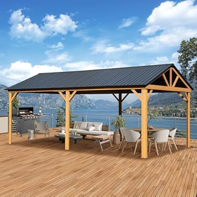 Domi 12’ x 20’ Hardtop Gazebo, Wooden Coated Aluminum Frame Canopy with Galvanized Steel Gable Roof, Outdoor Permanent Metal Pavilion for Patio, Deck and Lawn