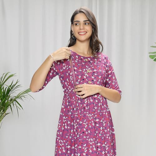 Image of MomToBe Women's Rayon Midi Maternity Dress /Feeding Dress /Pregnancy Dress /A-Line Western Dress with Zippers for Nursing Pre and Post Pregnancy - Floral Print