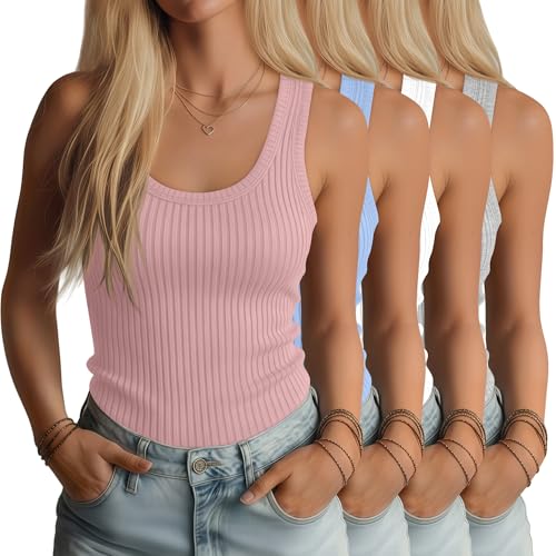 Sweetyweee 4 Pack Women's Ribbed Tanks Cotton Racerback Tank Tops