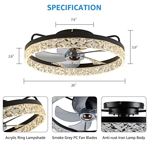 Crossio Modern Flush Mount Ceiling Fan With Lights 20" Low Profile Ceiling Fan With Remote Control Bladeless Ceiling Fan Dimmable Chandelier Fan For Bedroom Kitchen #TOP4