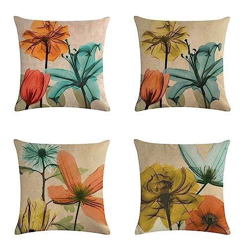 Housse de coussin 45x45cm en lin vintage fleur lot de 4 pour canapé salon