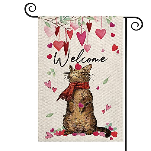 AVOIN colorlife Welcome Love Heart Cat Valentine s Day Garden Flag 12x18 Inch Vertical Double Sided Anniversary Party Yard Outdoor Decoration