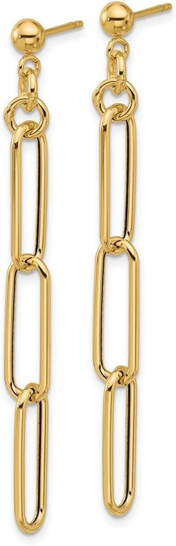14k Solid Yellow Gold 3 Paperclip Link Dangle Post Earrings 60x6mm Wide Clip on Earring for Women - Image 3