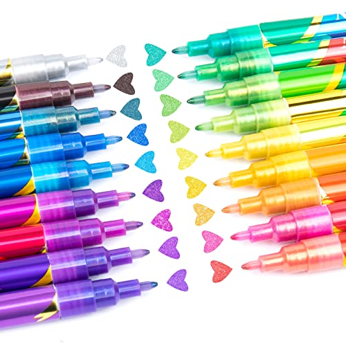 JR.WHITE Glitter Metallic Paint Pens: Sparkle Water-Based Marker Pen for Greeting Cards, Mugs, Wood, Art Drawing, Rock Painting, Posters, Albums, Scrapbooking (18-Count)