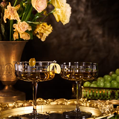 Flower Vintage Wavy Petals Wave Glass Coupes 7Oz Colorful Cocktail, - Set Of 2 - Rippled & Champagne Glasses, Prosecco, Martini, Mimosa, Cocktail Set, Bar Glassware Copyright & Patent Pending (Smoke) #TOP6