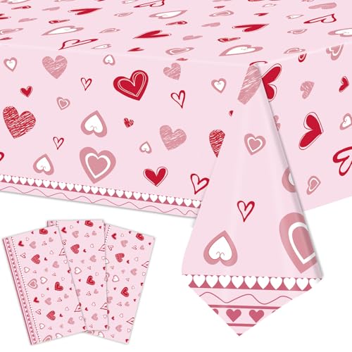 Kafolix 3 Pieces Valentines Day Hearts Plastic Tablecloth 54x108 Inch Pink and Red Disposable Love Table Covers for Romantic Party Wedding Anniversary Engagement Decorations