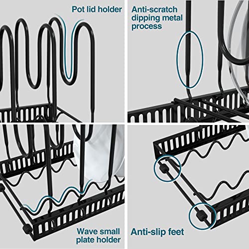 Socont Expandable Pot Organizer Rack, Black Pans And Pots Lid Organizer Rack Holder With 10 Adjustable Compartments,Length Adjustable And Max Extended To 23 Inches 10+ Pans Holder For Kitchen #TOP4