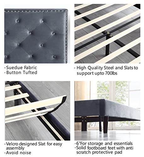 Queen Upholstered Platform Bed Frame With 48" Tall Adjustable Headboard - Button Tufted Suede Velour Bed- Wood Slat Support With Storage Space- No Box Spring Needed - Grey - Oliver & Smith - Princeton #TOP5