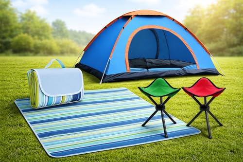 Image of 2 Person Camping Tent Combo with Picnic Mat and 2 Tripod Stools - Lightweight Waterproof Outdoor Tent Set for Camping, Hiking, Trekking and Beach Use