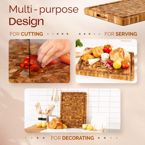 Yes4All Durable Teak Cutting Boards for Kitchen, [17''L x 13''W x 1.5” Thick] Medium End Grain Cutting Board, Pre Oiled Wood Cutting Boards, Thick Chopping Board w/Juice Grooves and Easy Grip Handle by Yes4All - Image 3