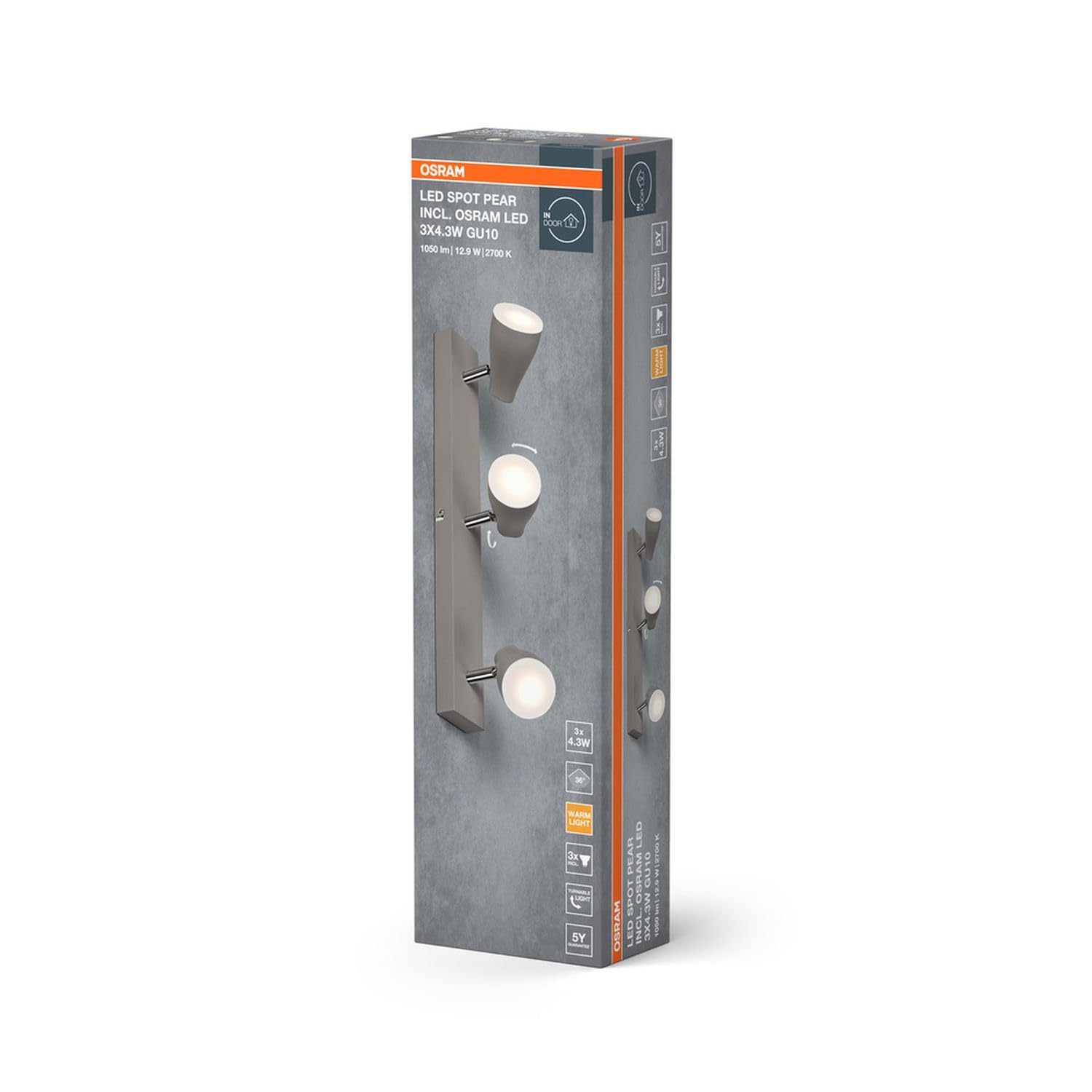 Osram Foco LED SPOT PEAR GU10, gris, 3 x 4,3 W, 1050 lm, 444 mm, luz blanca cálida, cabezales orientables, fácil montaje, combinación con bombillas inteligentes GU10, posible IP 20, 2700 K